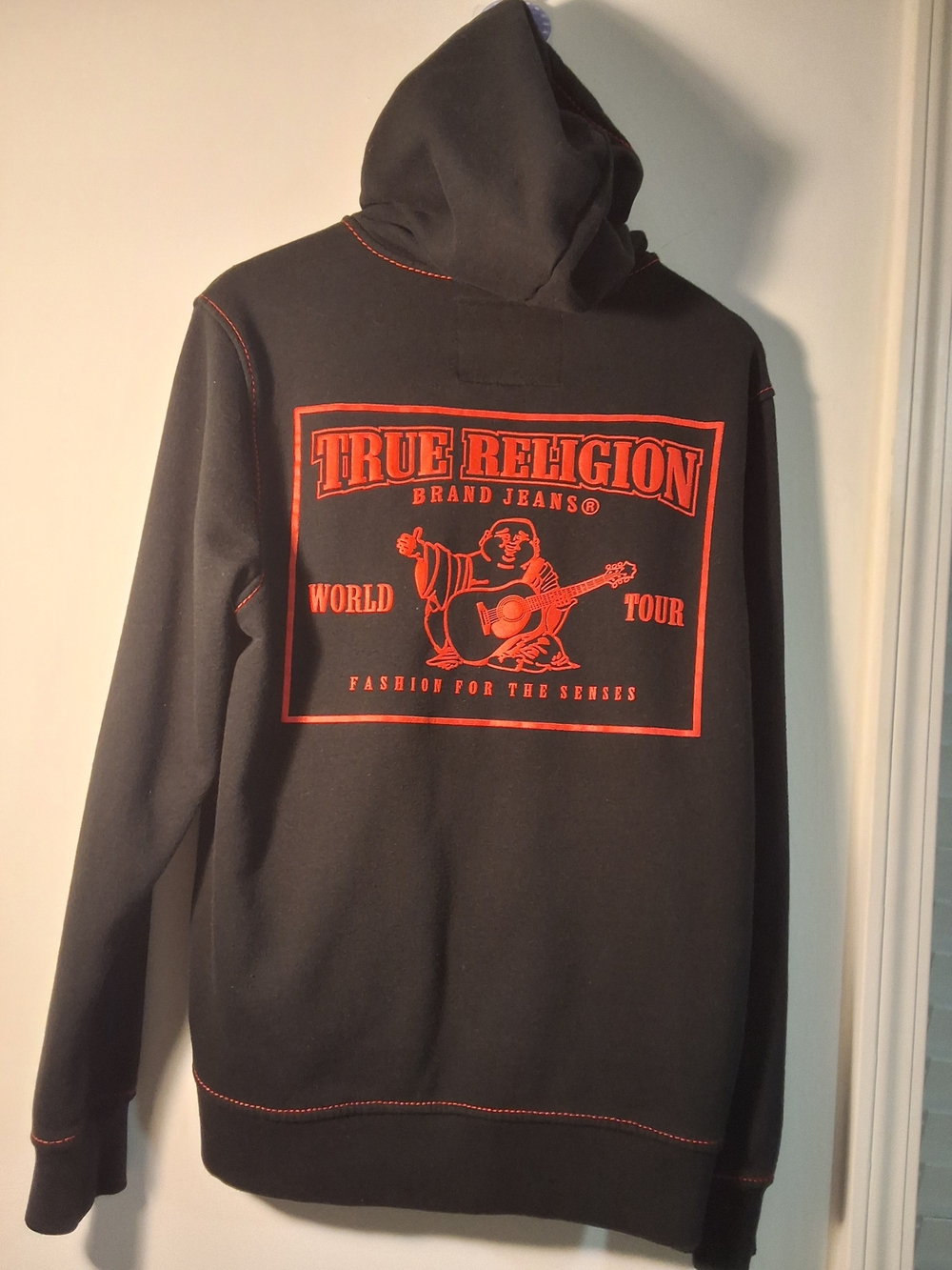 True Religion World Tour Zip Hoodie Black Red Contrast Stitch Logo Size Large - Picture 2 of 6